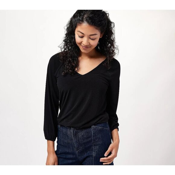 NWT Susan Graver Liquid Knit Raglan-Sleeve Top Sz M Black V-Neck Semi Fitted - Picture 1 of 9